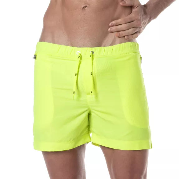 Neon Long Shorts Gelb - Leuchtende Badehose mit Reißverschlusstaschen | TOF Paris
