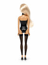 Sammlerpuppe Barely Innocent Black von Noir Handmade im schwarzen Body mit Choker und transparenten halterlosen Strümpfen, Rückansicht