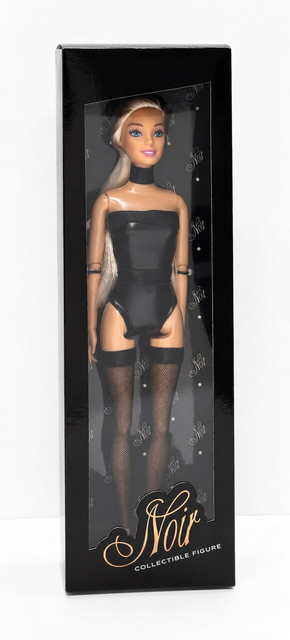 Sammlerpuppe Barely Innocent Black von Noir Handmade im schwarzen Body mit Choker und transparenten halterlosen Strümpfen, in der Sammlerbox mit Sichtfenster