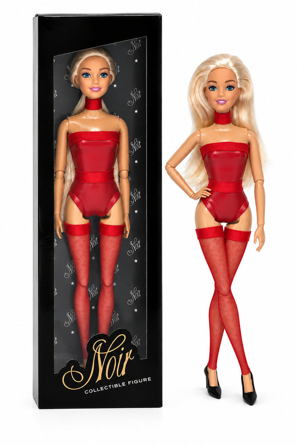 Sammlerpuppe Barely Innocent Red von Noir Handmade im roten Body mit Choker und roten halterlosen Strümpfen, neben ihrer Sammlerbox