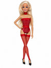Sammlerpuppe Barely Innocent Red von Noir Handmade im roten Body mit Choker und roten halterlosen Strümpfen, in Pose