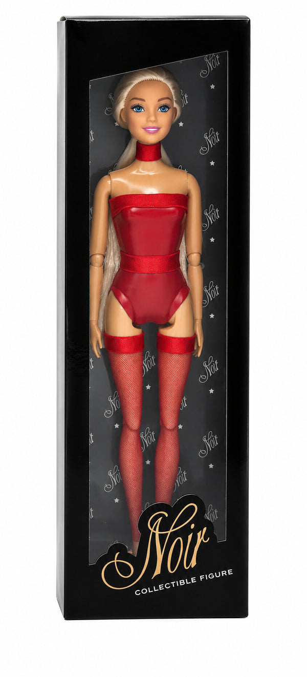 Sammlerpuppe Barely Innocent Red von Noir Handmade im roten Body mit Choker und roten halterlosen Strümpfen, in der Sammlerbox mit Sichtfenster