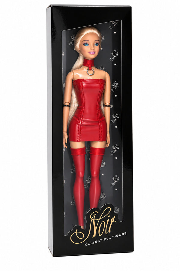 Sammlerpuppe Daring Desire Red von Noir Handmade im roten Minikleid mit Choker und roten halterlosen Strümpfen, in der Sammlerbox mit Sichtfenster