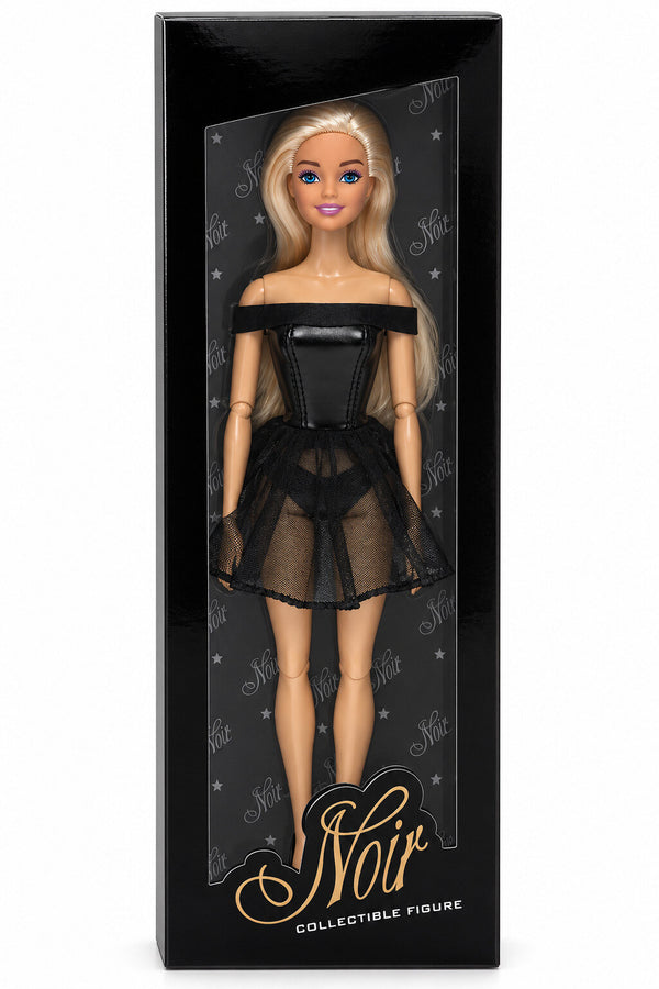 Sammlerpuppe Midnight Bloom Black von Noir Handmade im schwarzen schulterfreien Minikleid mit ausgestelltem Tüllrock, in der Sammlerbox mit Sichtfenster
