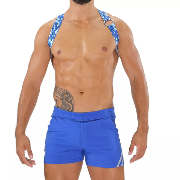 Herren Brust-Harness mit elastischem Komfort & fluoreszierendem Look, Blau-Camouflage | TOF Paris