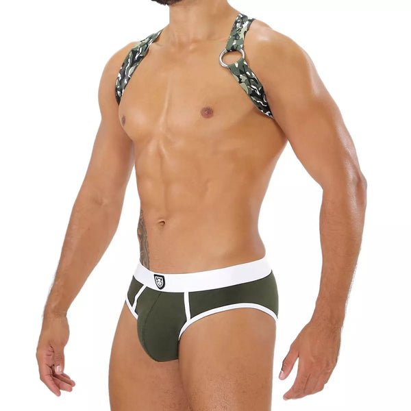 Herren Brust-Harness mit elastischem Komfort & fluoreszierendem Look, Khaki-Camouflage | TOF Paris