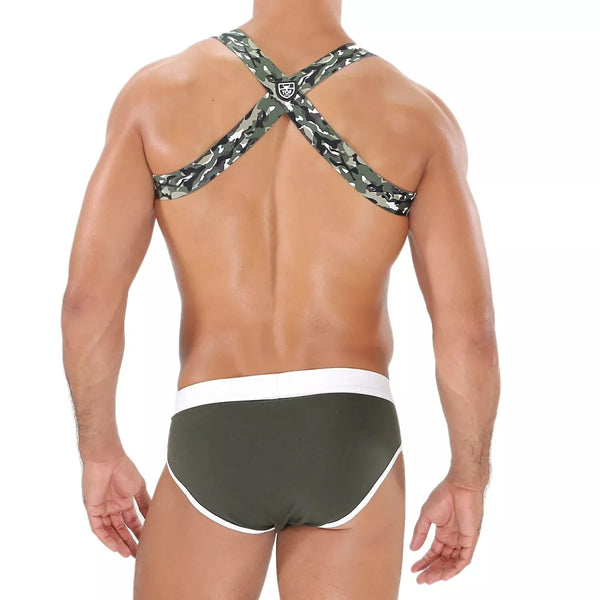 Herren Brust-Harness mit elastischem Komfort & fluoreszierendem Look, Khaki-Camouflage | TOF Paris