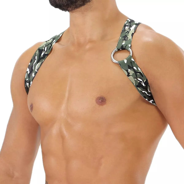 Herren Brust-Harness mit elastischem Komfort & fluoreszierendem Look, Khaki-Camouflage | TOF Paris