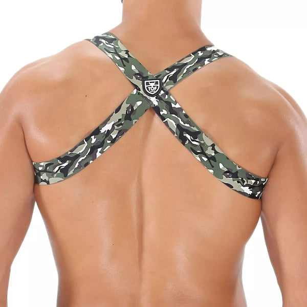 Herren Brust-Harness mit elastischem Komfort & fluoreszierendem Look, Khaki-Camouflage | TOF Paris