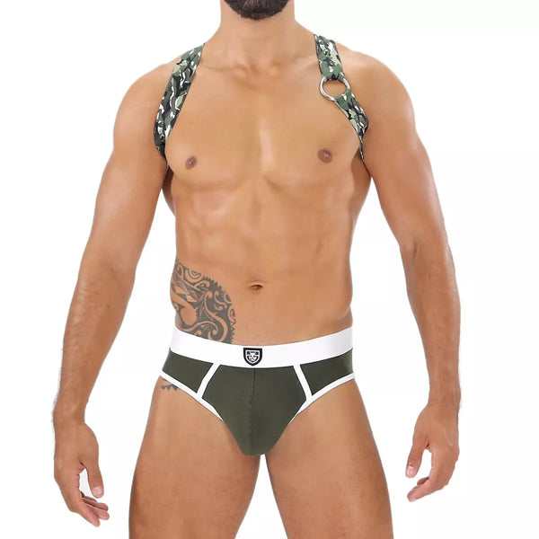 Herren Brust-Harness mit elastischem Komfort & fluoreszierendem Look, Khaki-Camouflage | TOF Paris