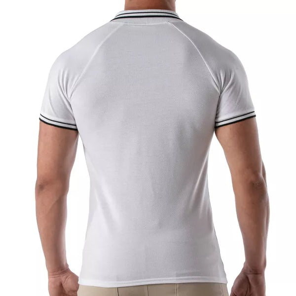 Weißes körperbetontes Poloshirt mit markanten Kontraststreifen von TOF Paris – Ansicht 3