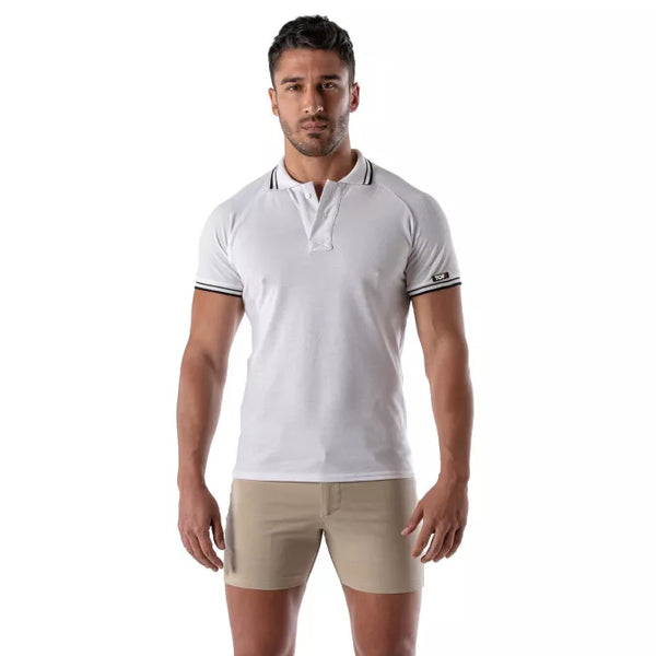 Weißes körperbetontes Poloshirt mit markanten Kontraststreifen von TOF Paris – Ansicht 4