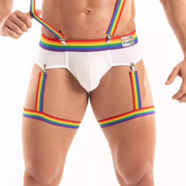 Buntes Pride Leg Harness mit elastischer Passform von TOF Paris
