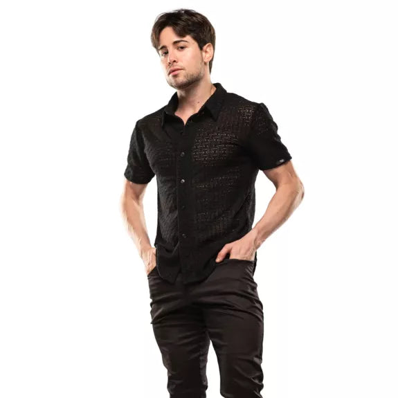 Kurzarm-Hemd Slim Fit mit Stretch-Spitze und Logo in Schwarz | TOF Paris