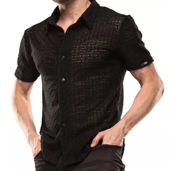 Kurzarm-Hemd Slim Fit mit Stretch-Spitze und Logo in Schwarz | TOF Paris