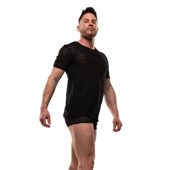 T-Shirt Herren Schwarz Rundhals Spitze Stretch - Leicht & Elegant | TOF Paris