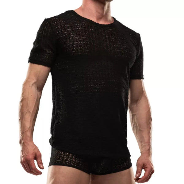 T-Shirt Herren Schwarz Rundhals Spitze Stretch - Leicht & Elegant | TOF Paris