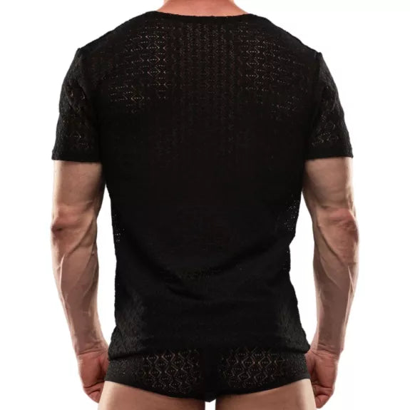 T-Shirt Herren Schwarz Rundhals Spitze Stretch - Leicht & Elegant | TOF Paris