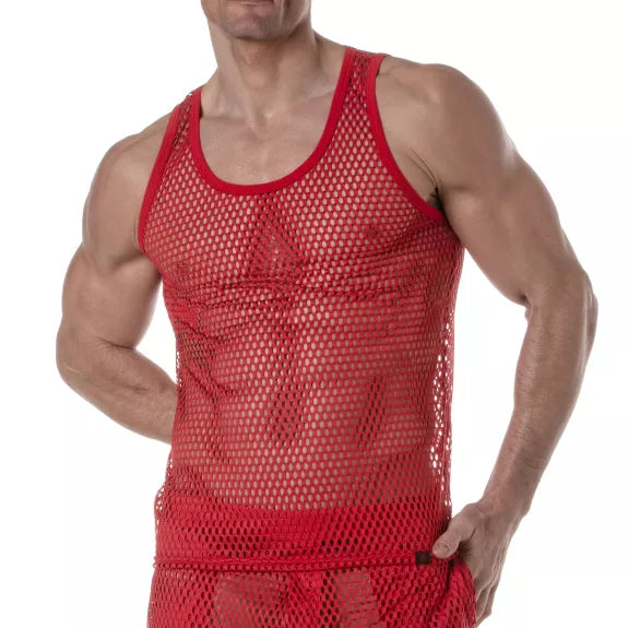 Tank Top Herren Mesh Rot - Atmungsaktiv & Clubwear-Style | TOF Paris