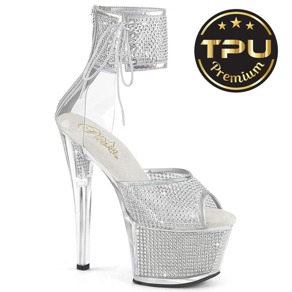 SKY-324PREM-RSNT Sandalette Plateausachuhe Transparent Glitzer | Pleaser