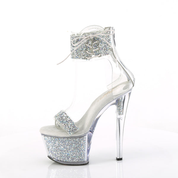 SKY-327RSI - Plateau High Heel Sandaletten - Silber/Transparent mit Strass von Pleaser – Ansicht 3