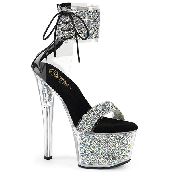 SKY-327RSI - Plateau High Heel Sandaletten - Silber/Schwarz mit Strass von Pleaser