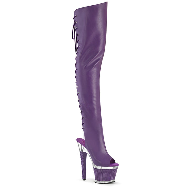 SPECTATOR-3030 Plateau Overknee Peeptoe Schnürr Stiefel violett Silber von Pleaser