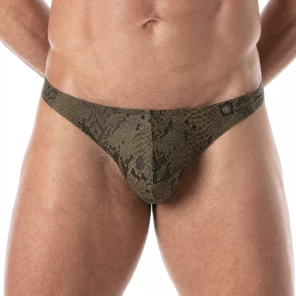 Khakifarbenes verführerisches Bikini Unterteil mit maskulinem Schlangenmuster von TOF Paris