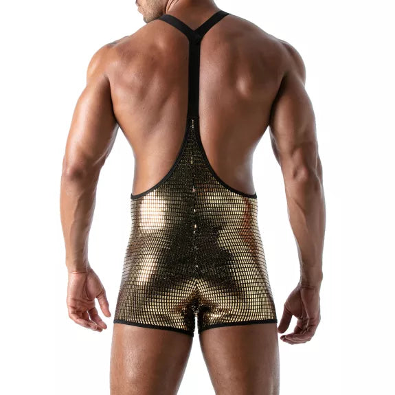 Body Singlet mit Glitzerstoff, elastischen Trägern & Taschen - Gold | TOF Paris