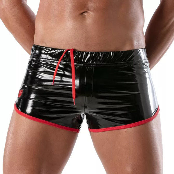 Vinyl Fetish Shorts Herren - Stretch, Reflektierend & Verstellbar, Schwarz - Rot | TOF Paris