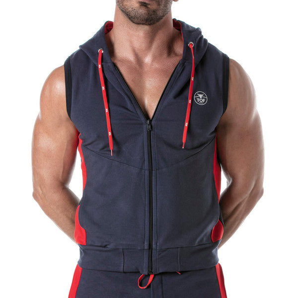 Ärmellose Kapuzenweste Marineblau - Stretch, Reißverschluss & Seitestreifen | TOF Paris
