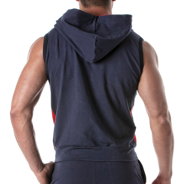 Ärmellose Kapuzenweste Marineblau - Stretch, Reißverschluss & Seitestreifen | TOF Paris
