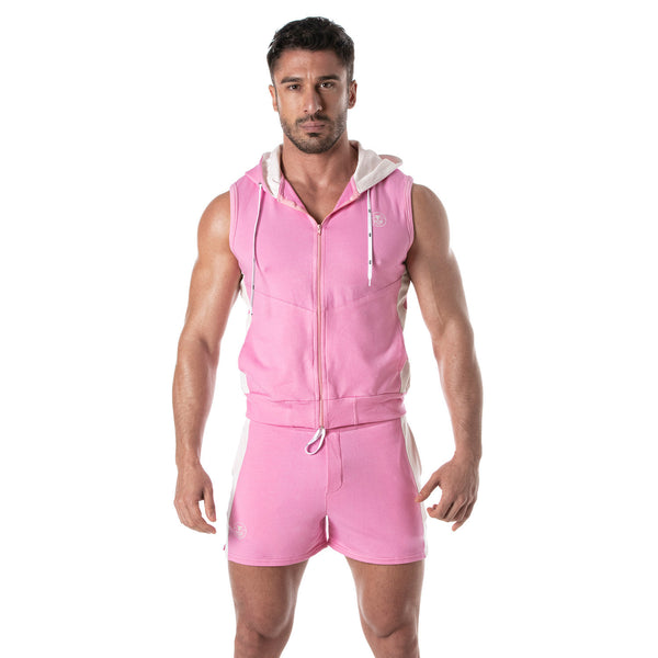 Ärmellose Zip-Hoodie Weste Pink mit Kontraststreifen & Kapuze | TOF Paris