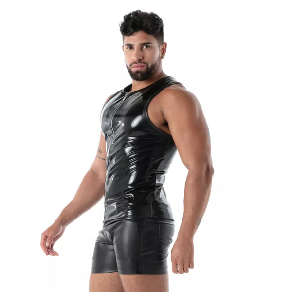 Schwarzes Latex Tank Top mit markantem Reißverschluss von TOF Paris – Ansicht 2
