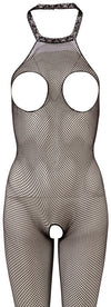 Schwarzer Netz-Catsuit ouvert mit Spitzen-Neckholder und Cut-outs von NO:XQSE – Ansicht 5