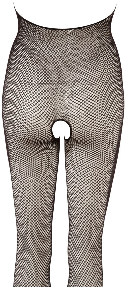 Schwarzer Netz-Catsuit ouvert mit Spitzen-Neckholder und Cut-outs von NO:XQSE – Ansicht 7