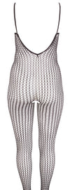 Schwarzer transparenter Catsuit aus Stretch-Grobnetz mit Fuß (offener Schritt) von NO:XQSE – Ansicht 5