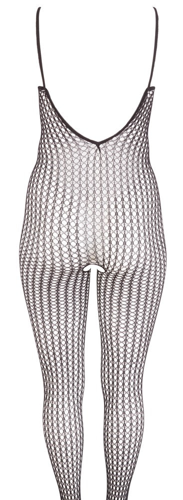 Schwarzer transparenter Catsuit aus Stretch-Grobnetz mit Fuß (offener Schritt) von NO:XQSE – Ansicht 5