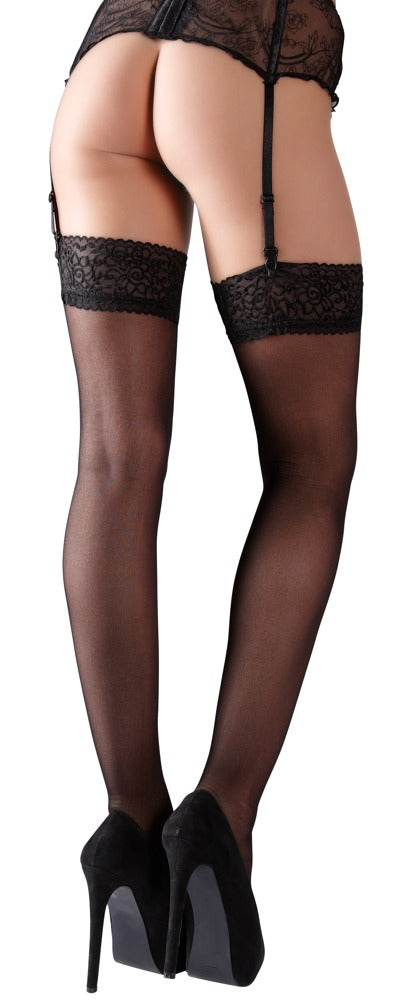 Schwarze Straps-Strümpfe mit breitem Spitzenabschluss von Cottelli – Ansicht 4