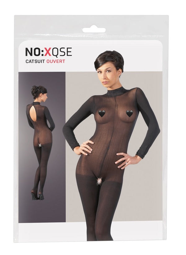 Schwarzer transparenter Netz-Catsuit mit Spitzenkragen und Fuß (offener Schritt) von NO:XQSE