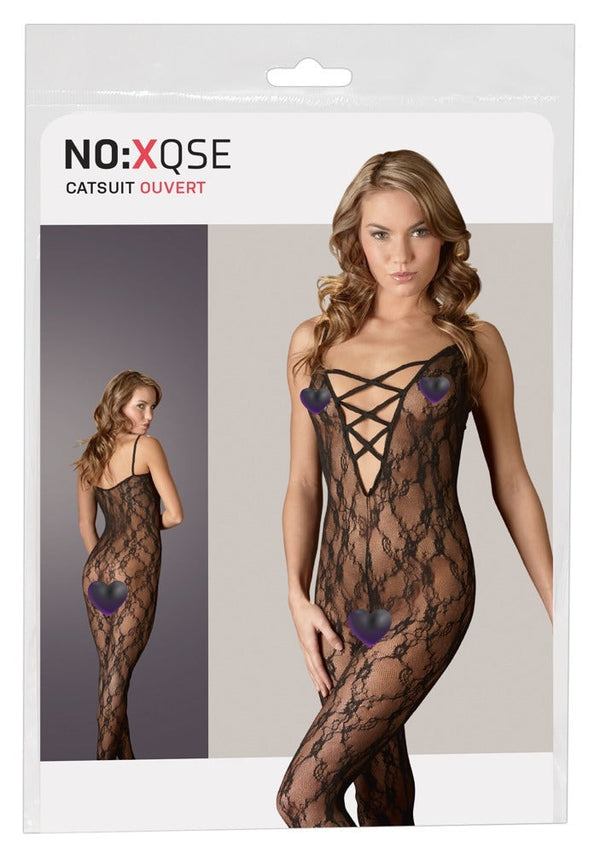 Schwarzer Catsuit aus Effekt-Spitze mit Schnür-Dekolleté und Fuß (offener Schritt) von NO:XQSE