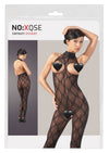 Schwarzer busenfreier Catsuit aus Effekt-Spitze mit Neckholder und Fuß von NO:XQSE