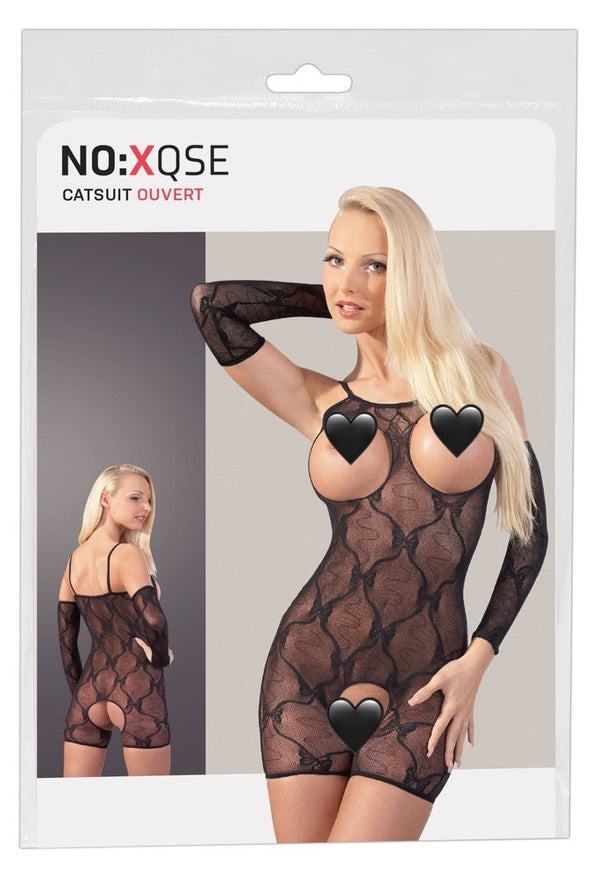 Schwarzer kurzer Catsuit aus Spitze mit offenem Busen und Schritt von NO:XQSE