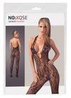 Schwarzer Netz-Catsuit mit Neckholder und Perlen-Dekolleté (offener Schritt) von NO:XQSE
