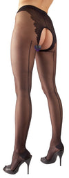 Schwarze Straps-Strumpfhose mit Höschenteil, Ziernaht und offenem Schritt von Cottelli – Ansicht 2