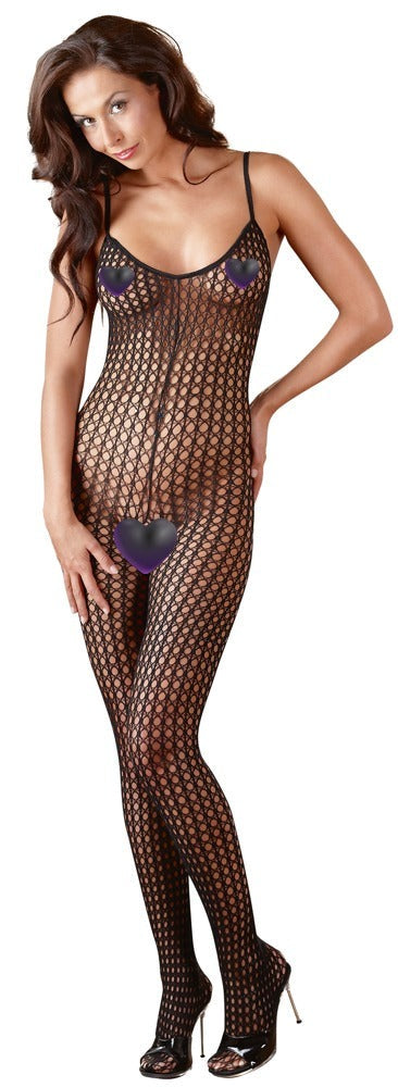 Schwarzer transparenter Catsuit aus Stretch-Grobnetz mit Fuß (offener Schritt) von NO:XQSE – Ansicht 2