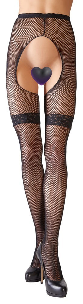 Schwarze Straps-Strumpfhose aus grobem Netz mit Spitzen-Strumpfbändern von Cottelli – Ansicht 2