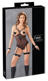Schwarzer busenfreier Strapsbody aus Powernet und Spitze mit Schrittkette von Cottelli BONDAGE