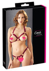 Rotes BH- und String-Set aus Spitzenband mit Metallringen und offenen Cups von Cottelli