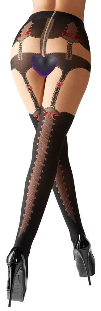 Schwarze Straps-Strumpfhose im Trachten-Look mit Höschen, Strapsen und Overknees von Cottelli – Ansicht 2